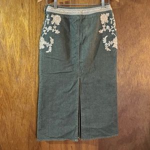 PLENTY Olive Green Denim Midi Skirt w Floral Embroidery Sz 4